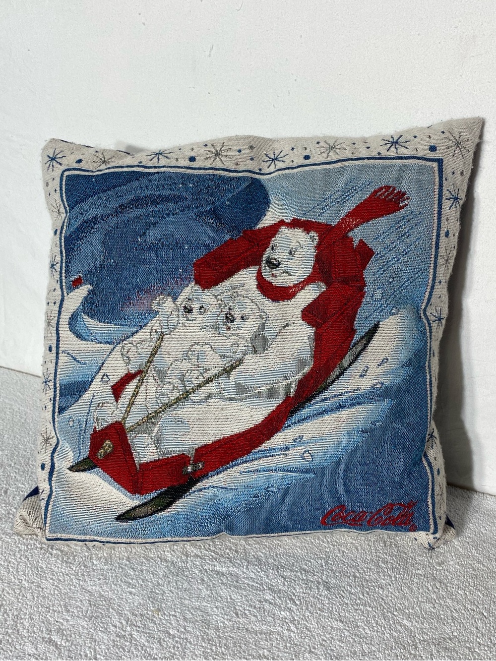 Vintage Coca Cola Polar Bear Sled Tapestry Throw Pillow Woven Holiday Decor
